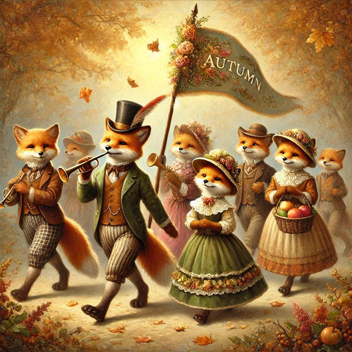 Autumn Fox Parade Vintage Oil Painting (Digital Download)
