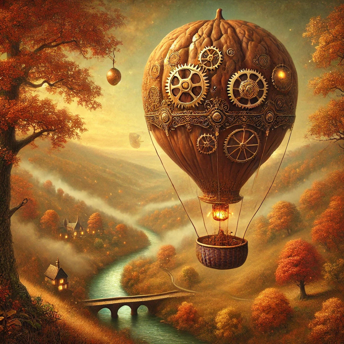 Steampunk Walnut Balloon Art: Whimsical Autumn Fantasy Airship Decor (Digital Downloads)