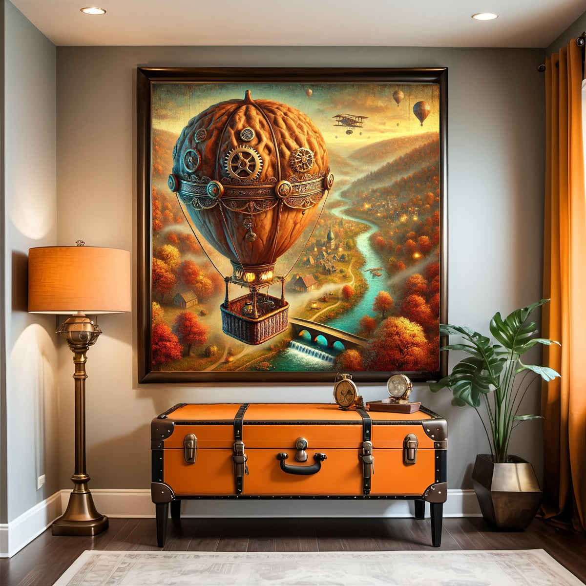 Steampunk Walnut Hot Air Balloon: Whimsical Autumn Fantasy Decor (Digital Download)