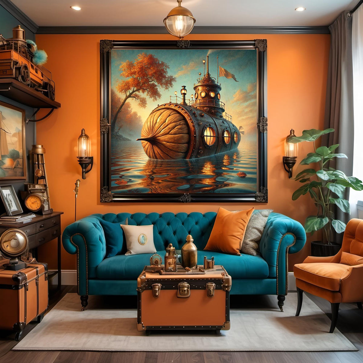 Steampunk Walnut Submarine Print: Vintage Autumn Fantasy Nautical Decor (Digital Download 40x40 inches)
