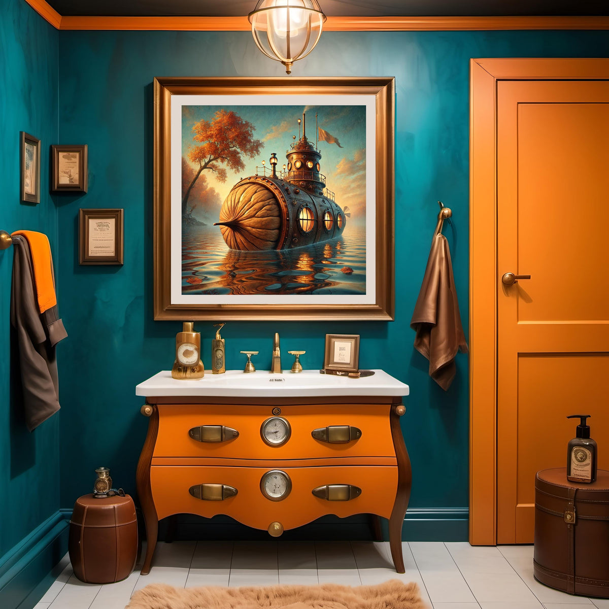 Steampunk Walnut Submarine Print: Vintage Autumn Fantasy Nautical Decor (Digital Download 40x40 inches)