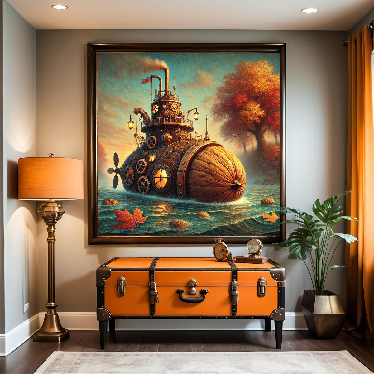Steampunk Walnut Submarine Art: Whimsical Autumn Nautical Fantasy Decor (Digital Download)