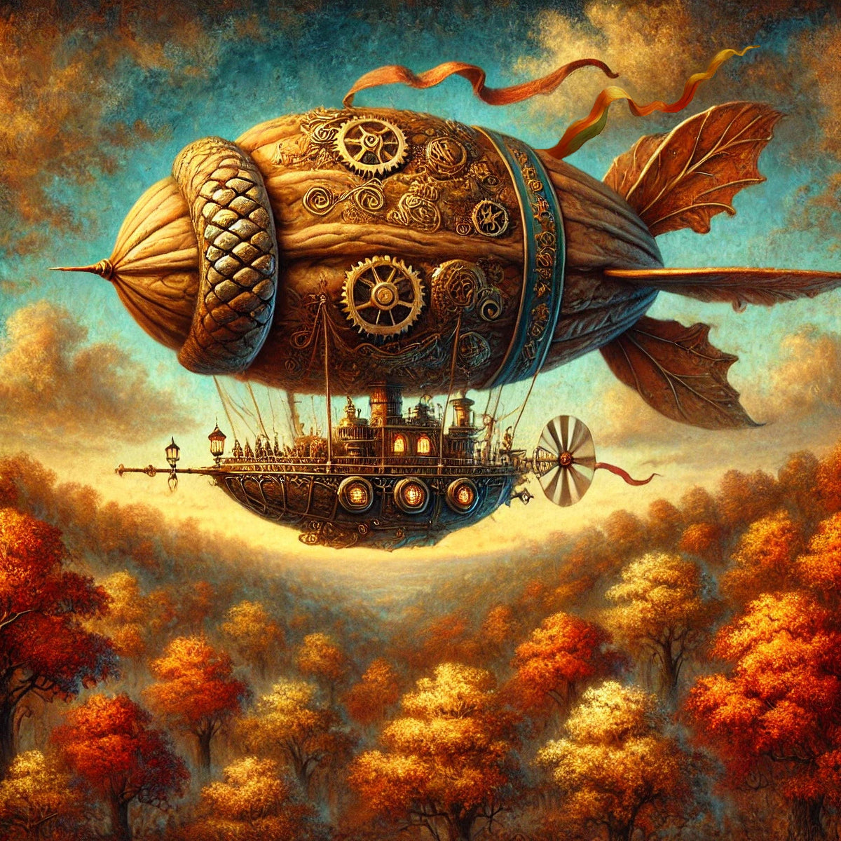 Steampunk Walnut Airship Digital Art Vintage Oil Painting  (Digital Download)