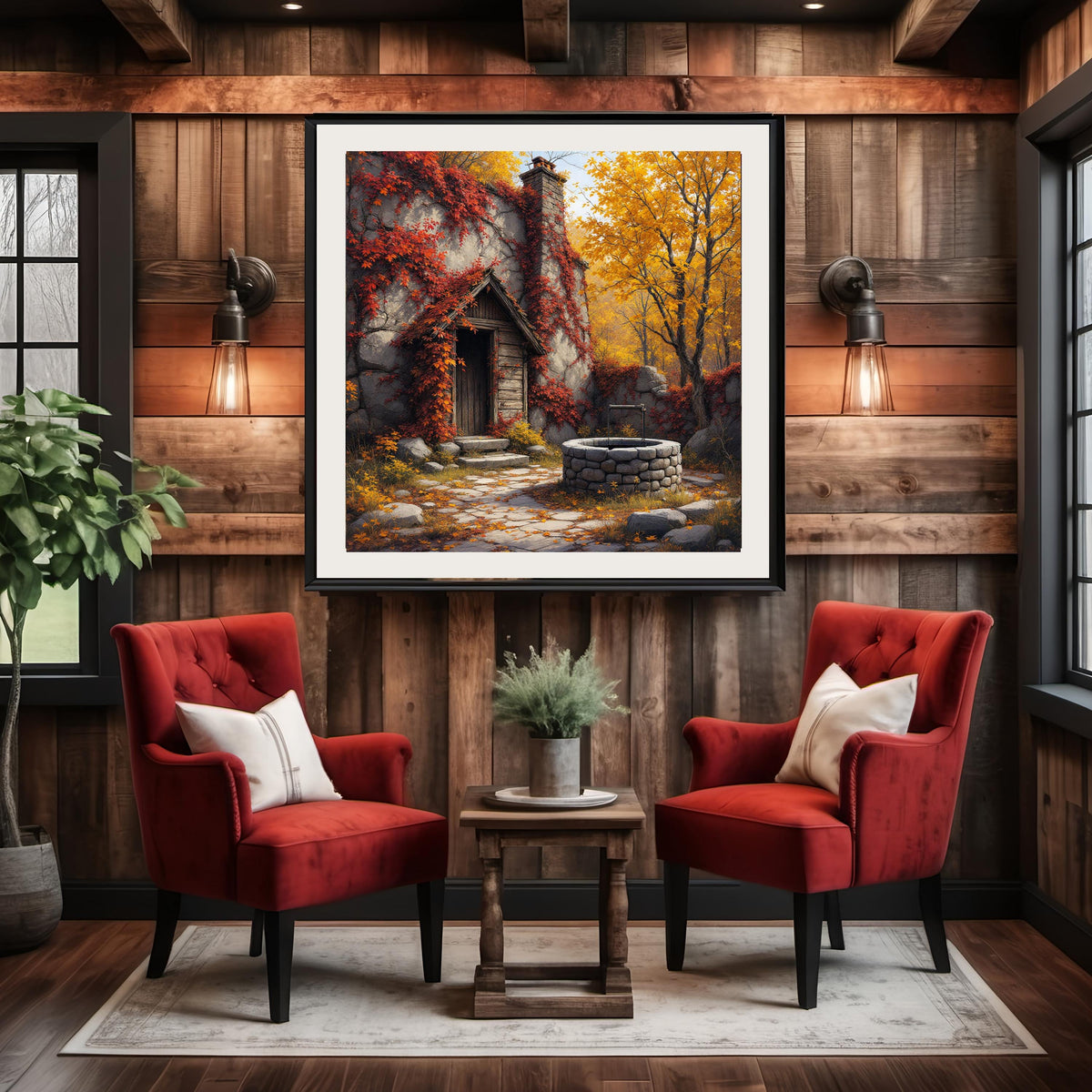 Autumn Cottage Art Print: Rustic Stone House with Wishing Well (Digital Download)