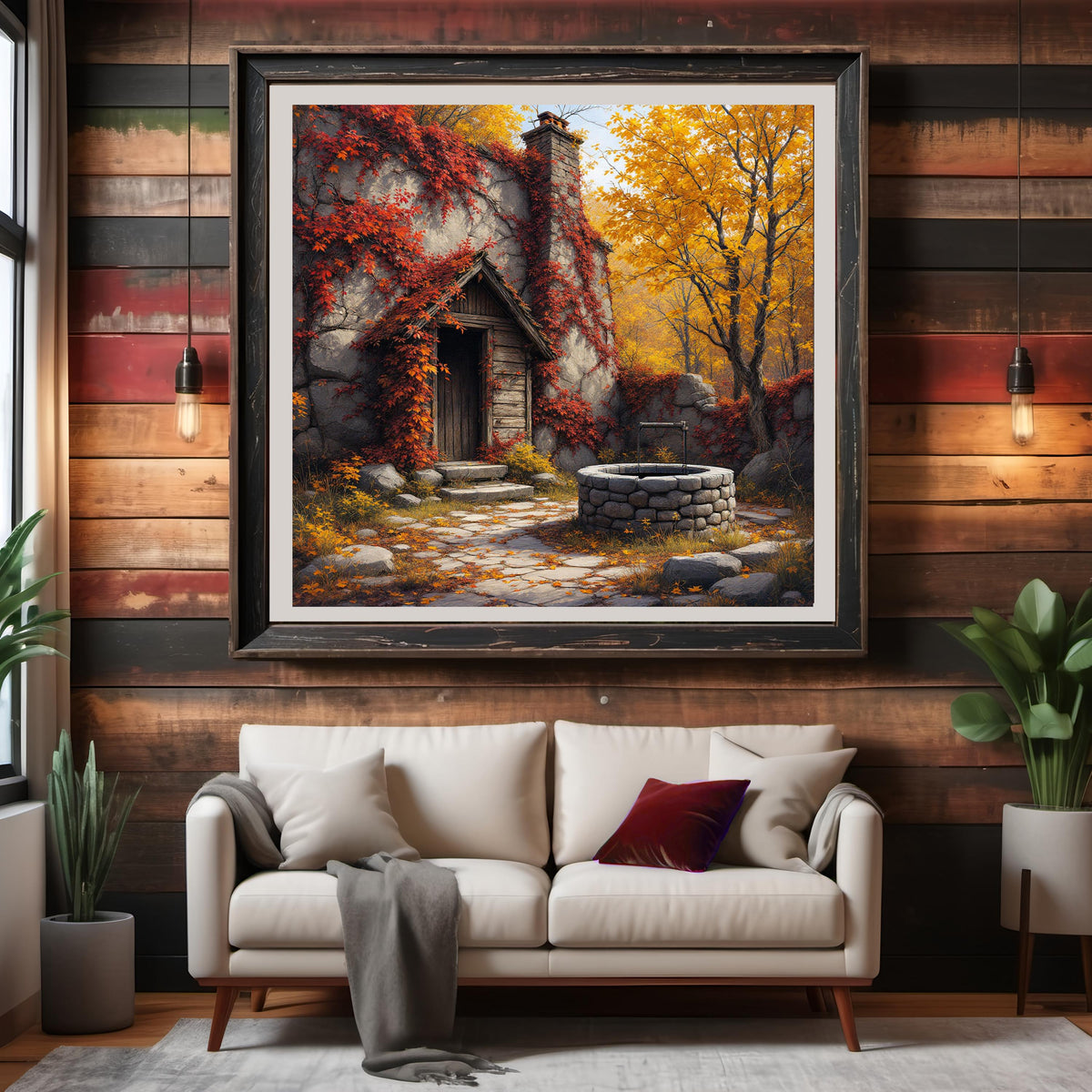 Autumn Cottage Art Print: Rustic Stone House with Wishing Well (Digital Download)