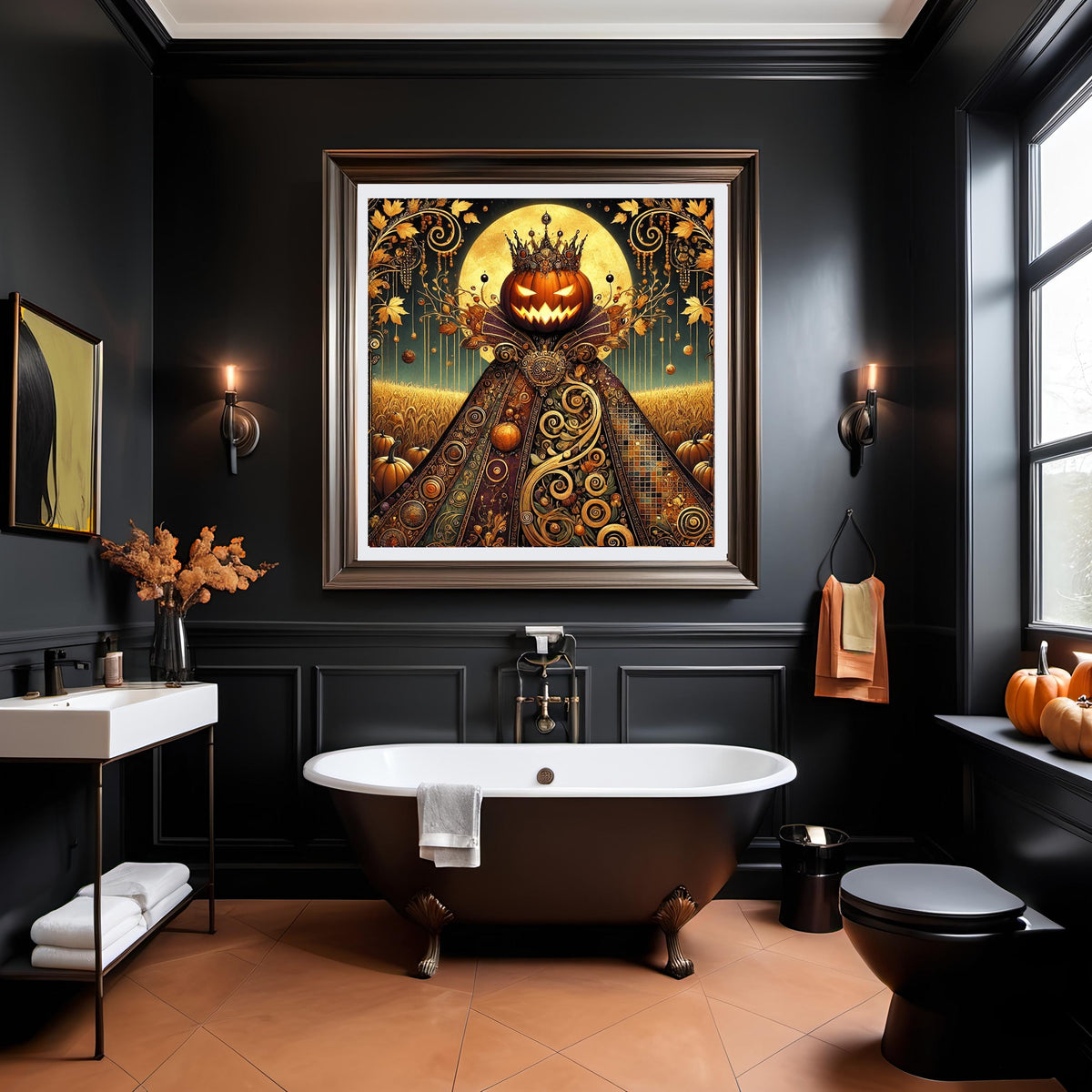 Crowned by the Harvest Moon: Gothic Golden Halloween Royalty Art (Digital Download)