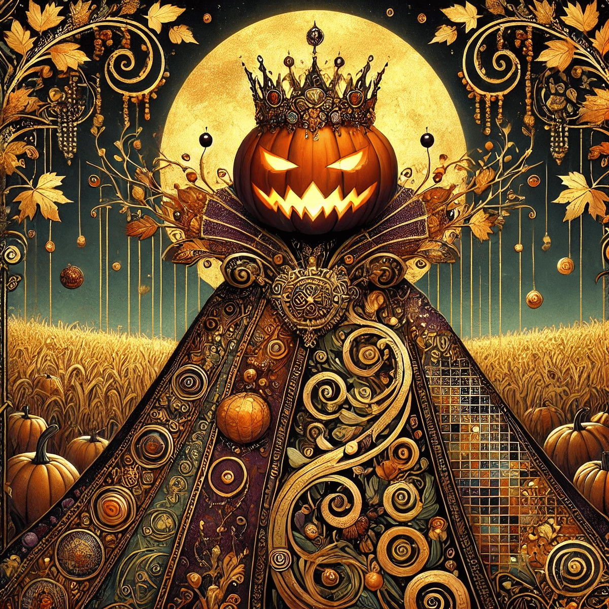 Crowned by the Harvest Moon: Gothic Golden Halloween Royalty Art (Digital Download)