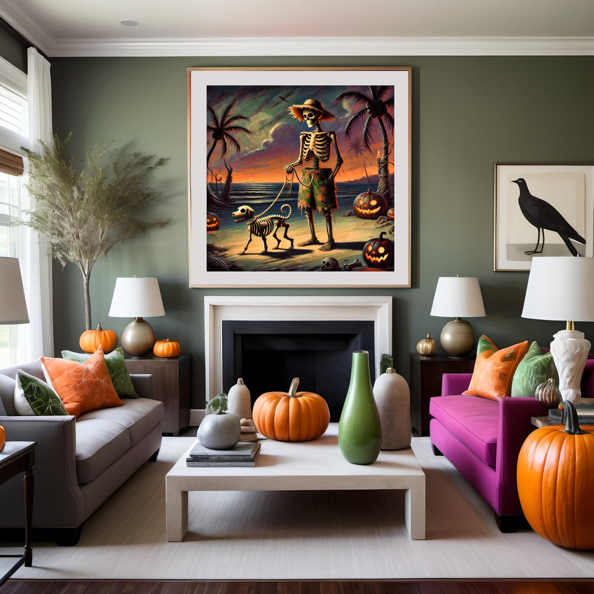 Skeleton Dog Beach Print: Funny Coastal Halloween (Digital Download)