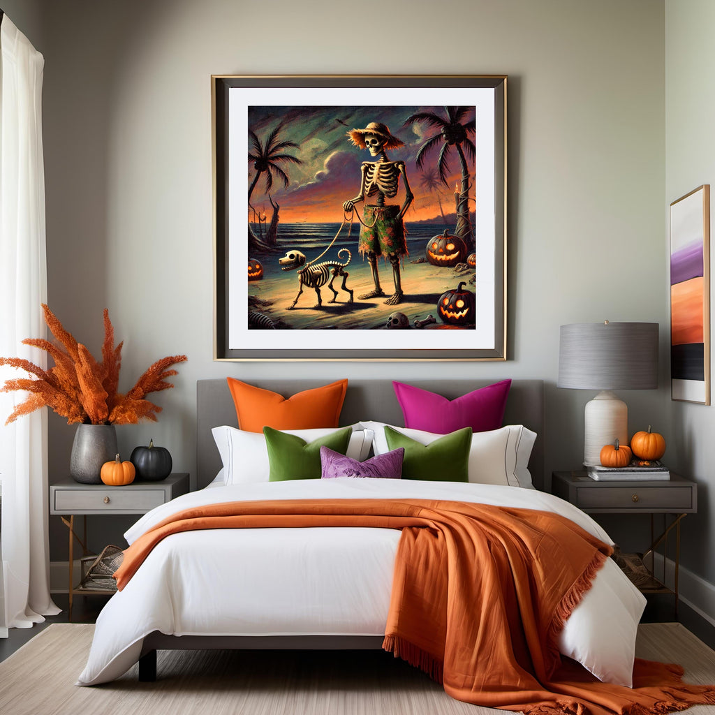 Skeleton Dog Beach Print: Funny Coastal Halloween (Digital Download)