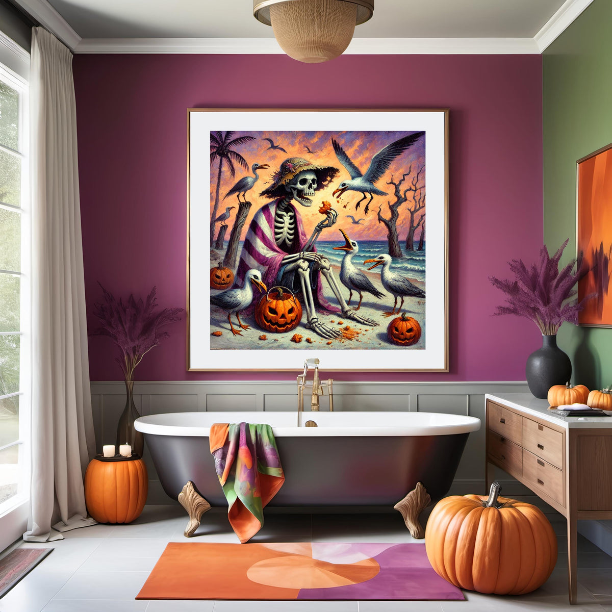 Whimsical Skeleton Beach Picnic Painting: Summerween Coastal Art (Digital Download)