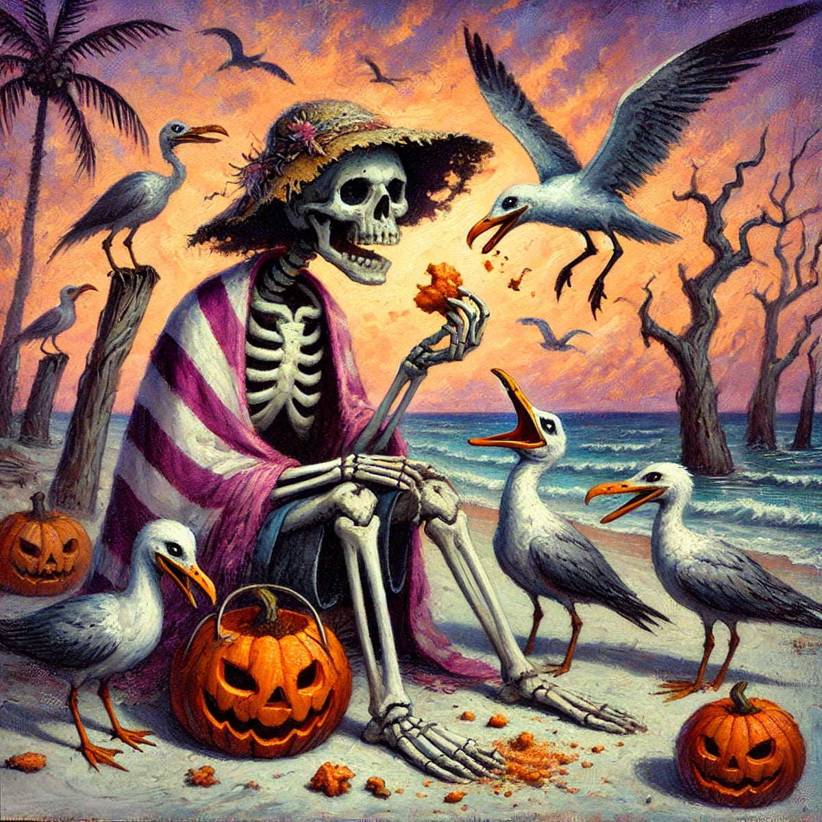Whimsical Skeleton Beach Picnic Painting: Summerween Coastal Art (Digital Download)