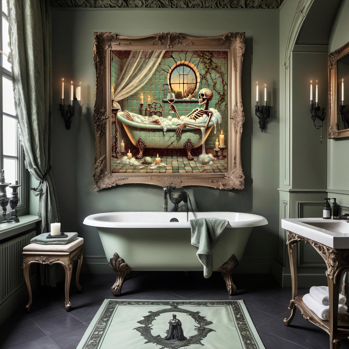 Skeleton in the Bathtub Painting: Spooky Funny Gothic Bathroom Wall Art (Digital Download)