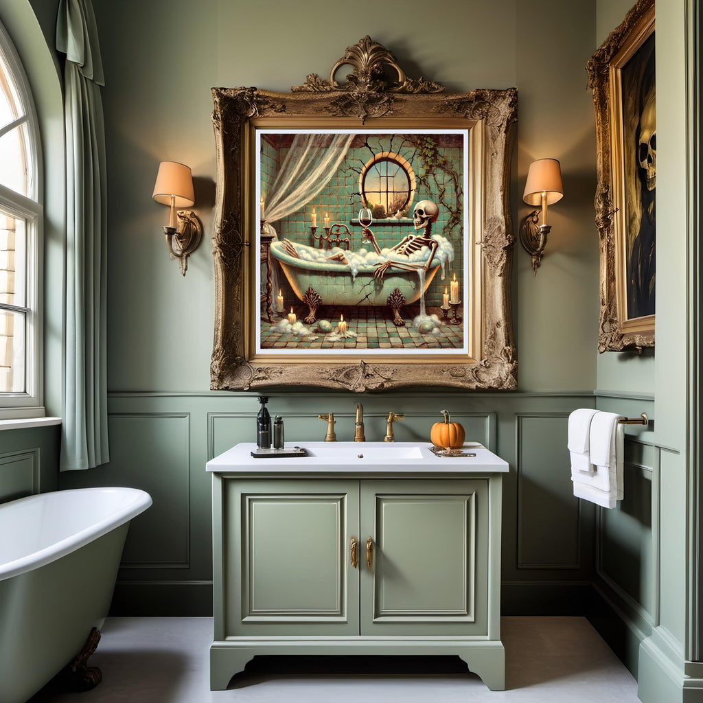 Skeleton in the Bathtub Painting: Spooky Funny Gothic Bathroom Wall Art (Digital Download)