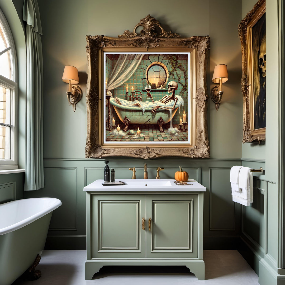 Skeleton in the Bathtub Painting: Spooky Funny Gothic Bathroom Wall Art (Digital Download)