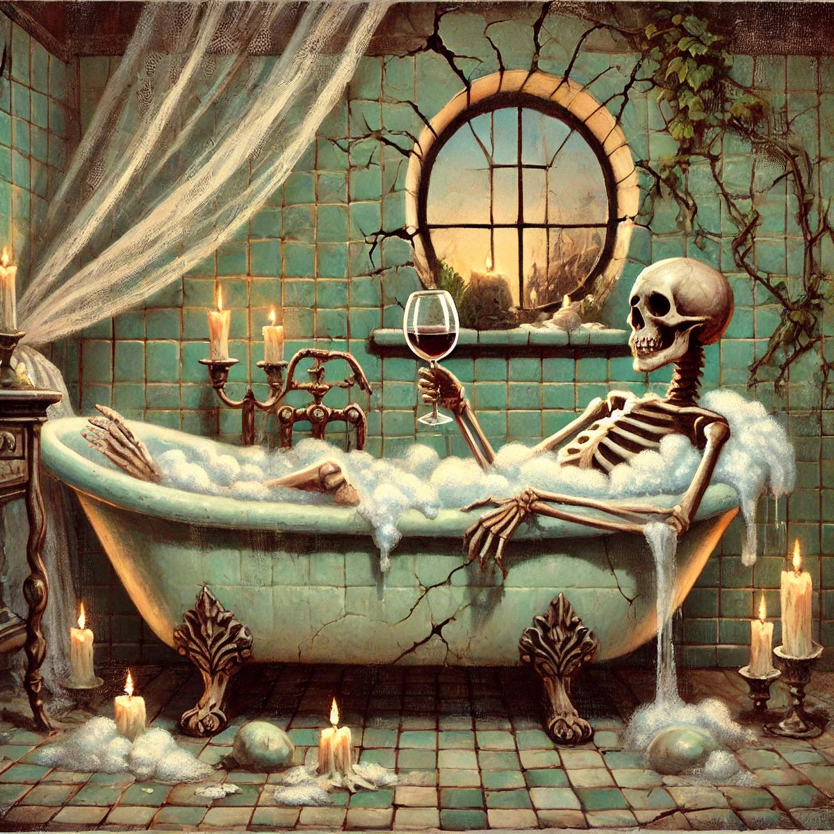 Skeleton in the Bathtub Painting: Spooky Funny Gothic Bathroom Wall Art (Digital Download)
