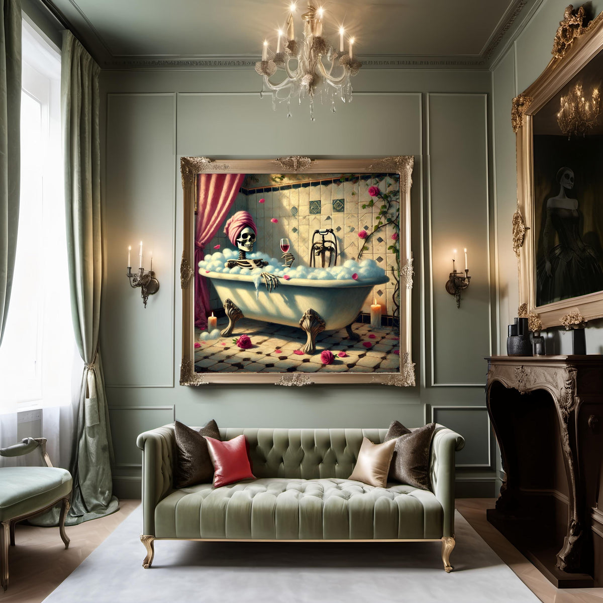 Skeleton Bubble Bath Painting: Funny Gothic Bathroom Wall Art (Digital Download)