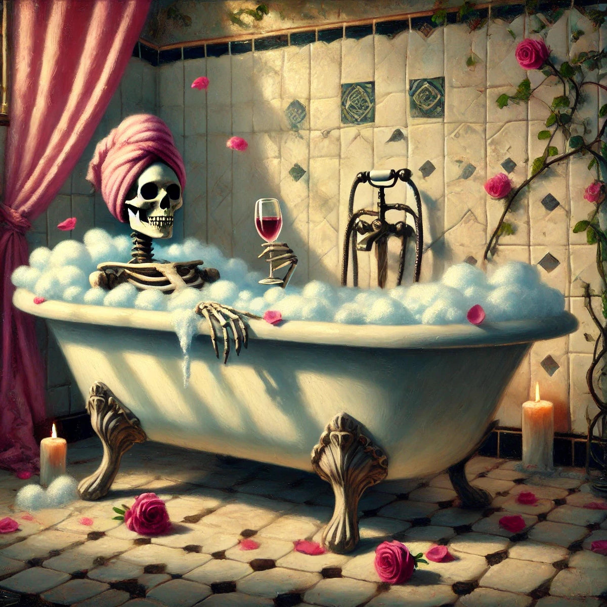 Skeleton Bubble Bath Painting: Funny Gothic Bathroom Wall Art (Digital Download)
