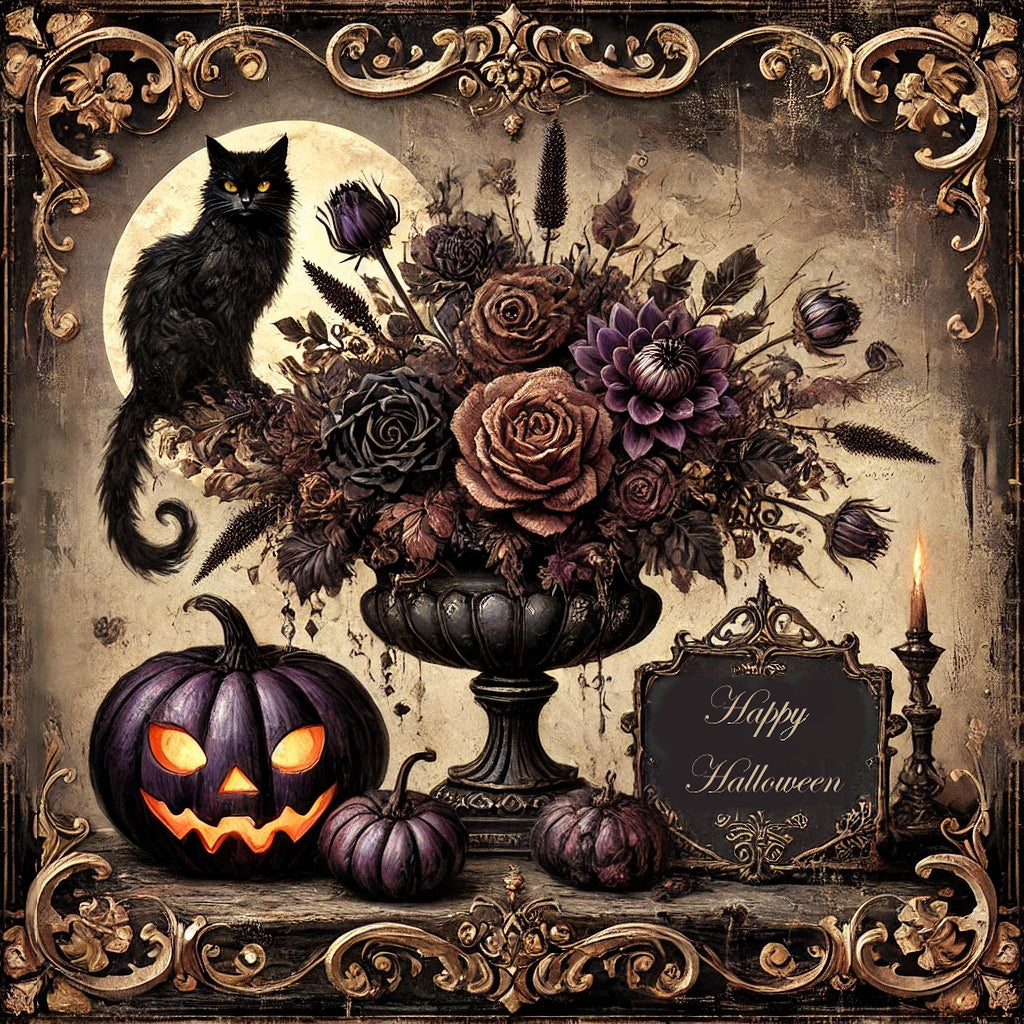 Gothic Black Cat Halloween Print: Dark Victorian Pumpkin Decor (Digital Art)