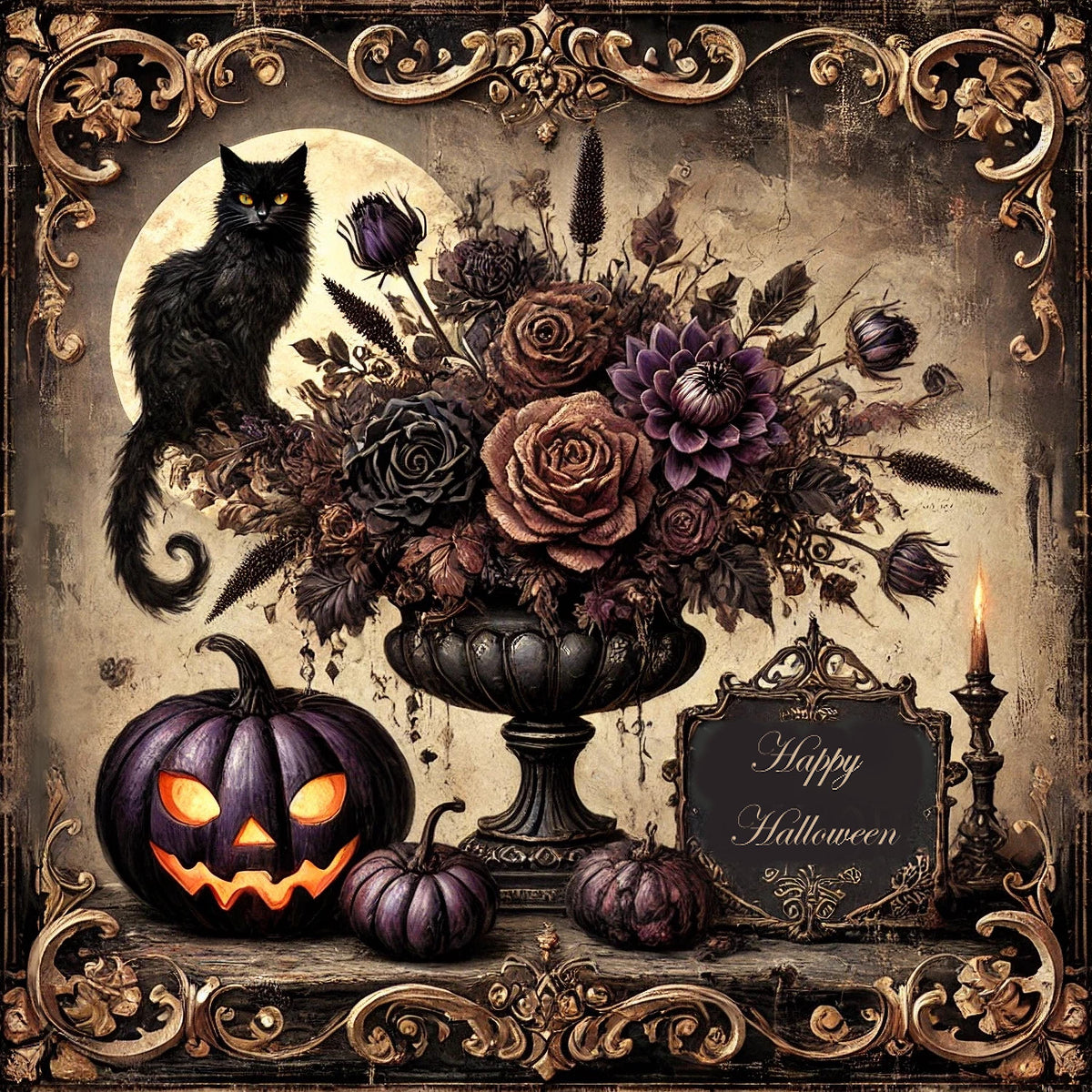 Gothic Black Cat Halloween Print: Dark Victorian Pumpkin Decor (Digital Art)