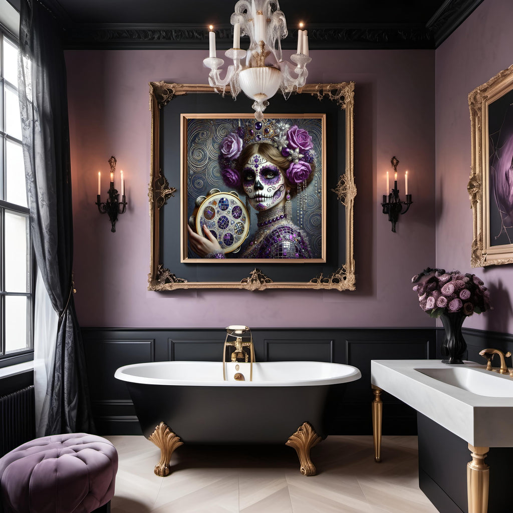 Amethyst Sugar Skull Art Print: Gilded Día de los Muertos, Tambourine (Digital Download)