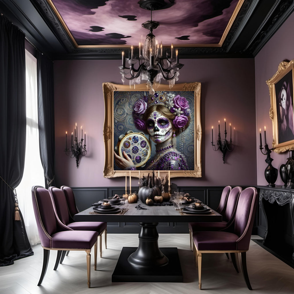 Amethyst Sugar Skull Art Print: Gilded Día de los Muertos, Tambourine (Digital Download)
