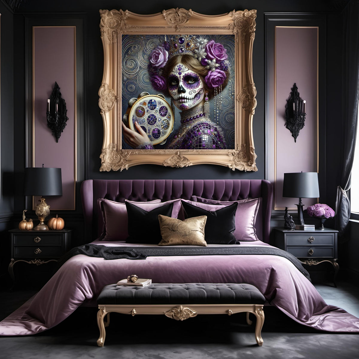 Amethyst Sugar Skull Art Print: Gilded Día de los Muertos, Tambourine (Digital Download)