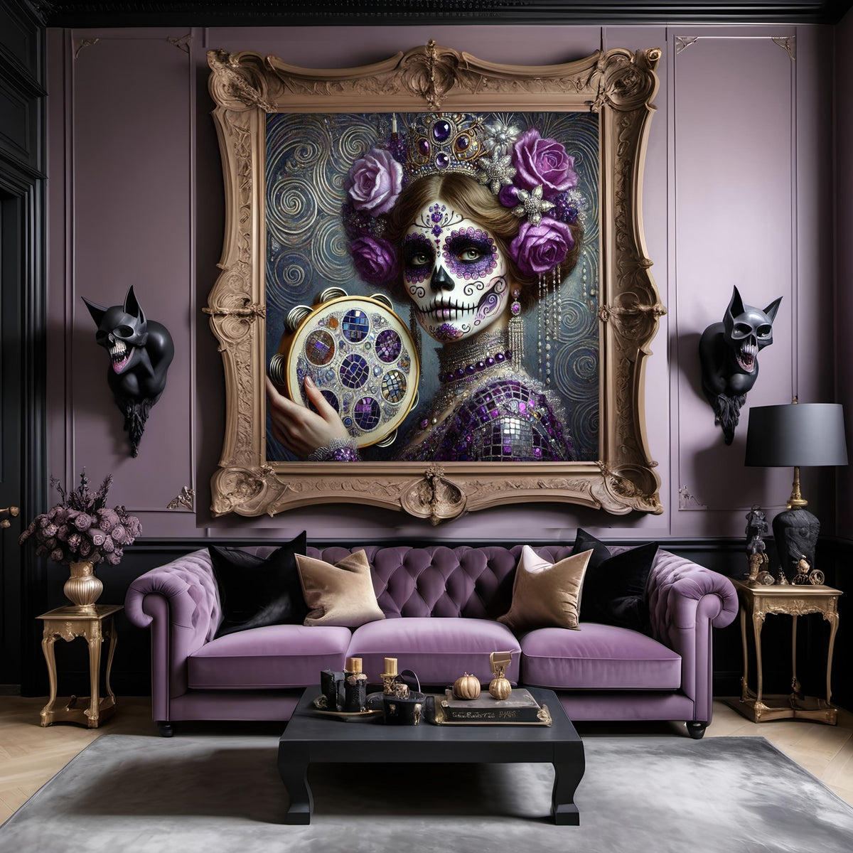 Amethyst Sugar Skull Art Print: Gilded Día de los Muertos, Tambourine (Digital Download)