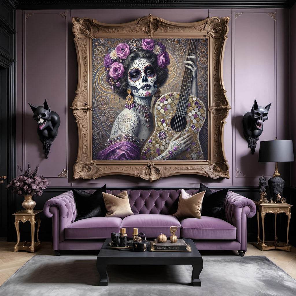 Sugar Skull Art Print: Día de los Muertos Queen with Guitar (Digital Download)