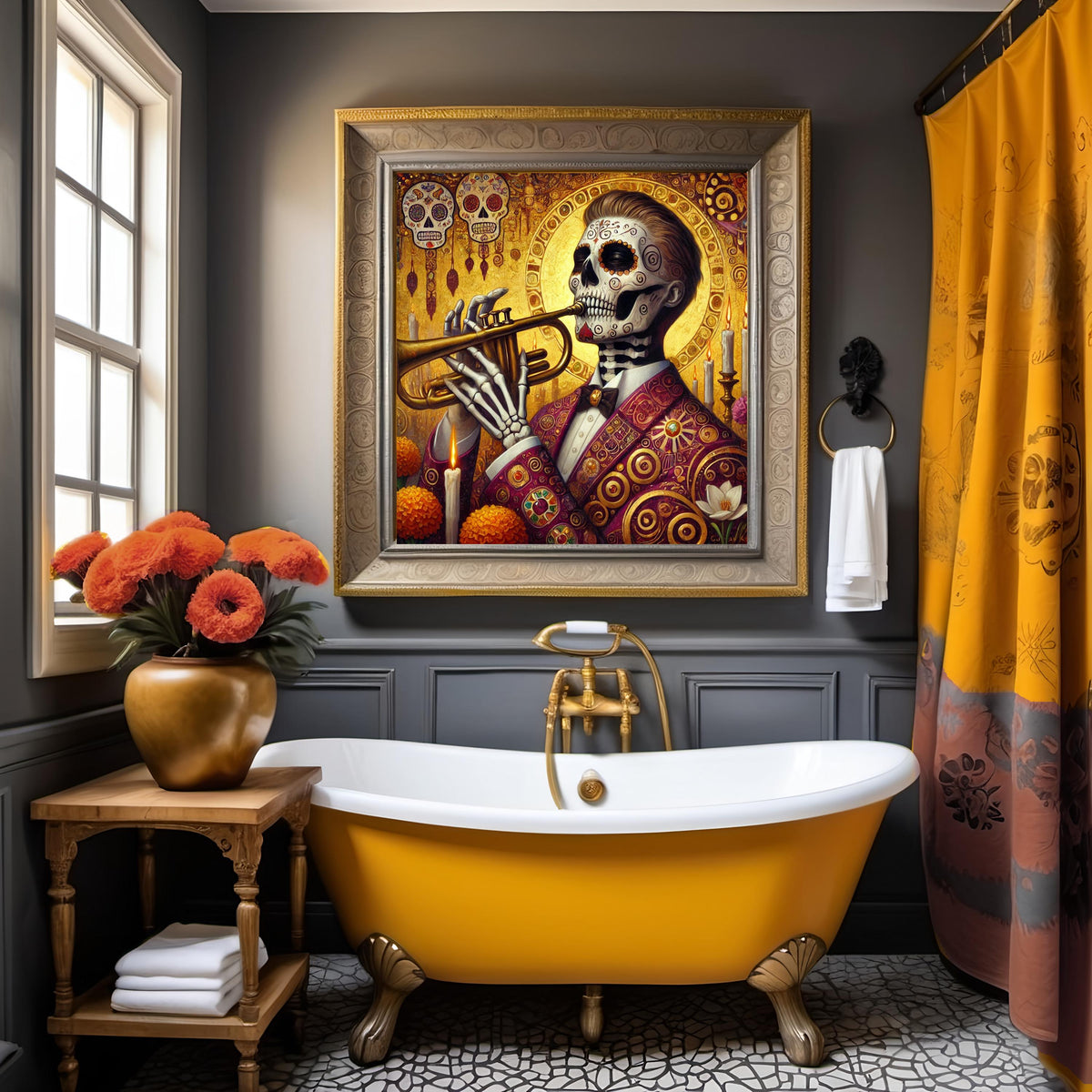 Day of the Dead Musician: Golden Trumpet Player Sugar Skull Art (Digital Download)