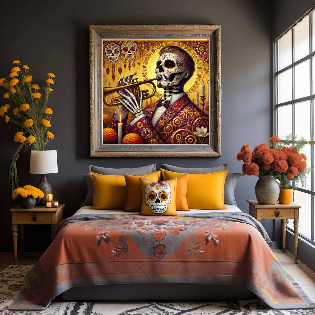 Day of the Dead Musician: Golden Trumpet Player Sugar Skull Art (Digital Download)