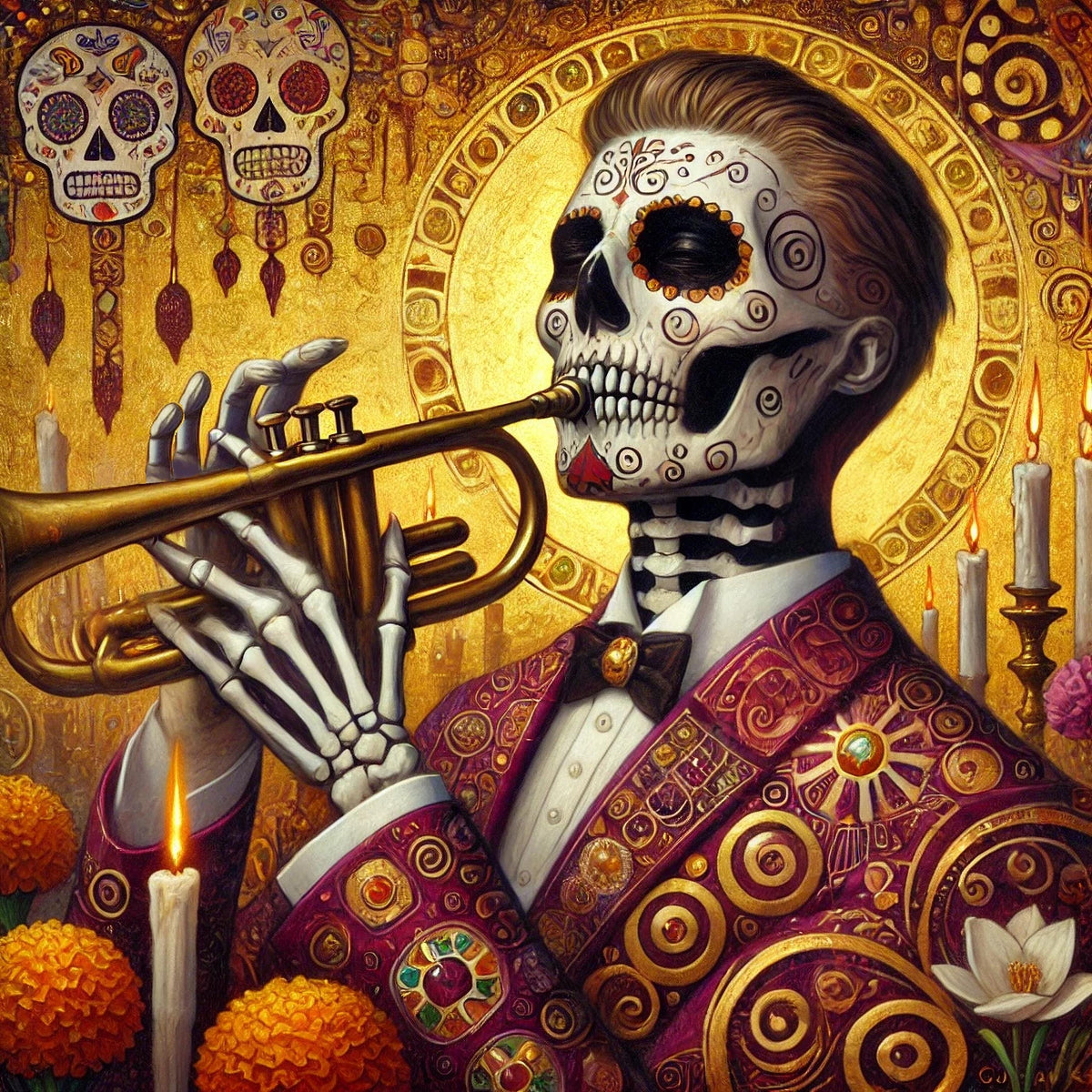 Day of the Dead Musician: Golden Trumpet Player Sugar Skull Art (Digital Download)