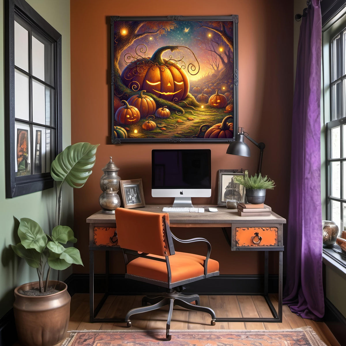 Vintage Halloween Pumpkin Path Art Print, Spooky Jack O'Lantern Forest (Digital Download)