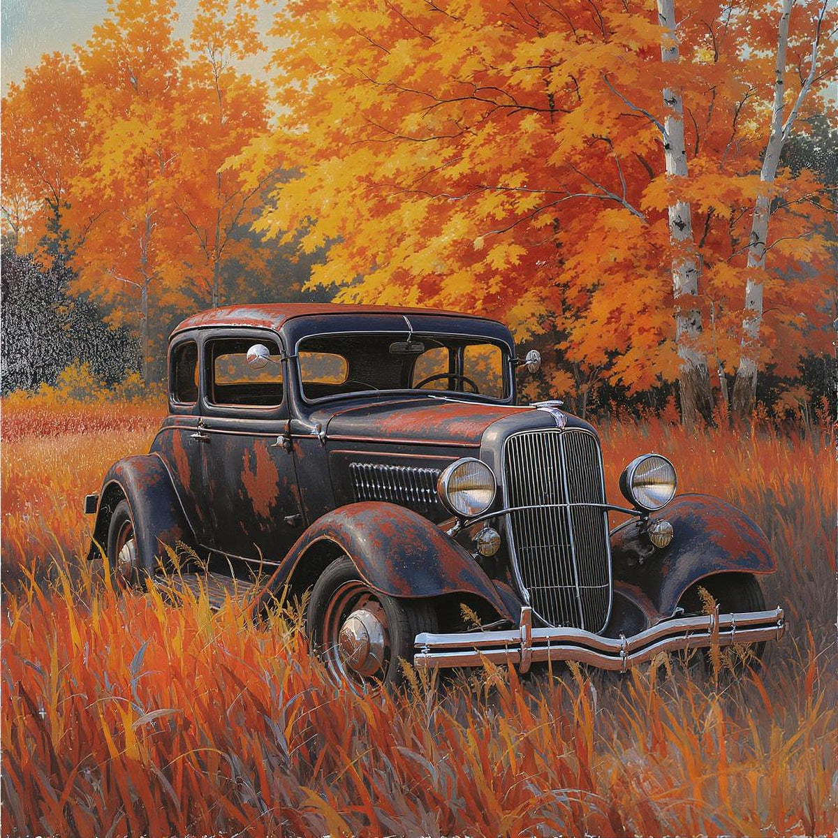 Vintage Car Autumn Art Print: Rustic Americana Garage Decor (Digital Download)