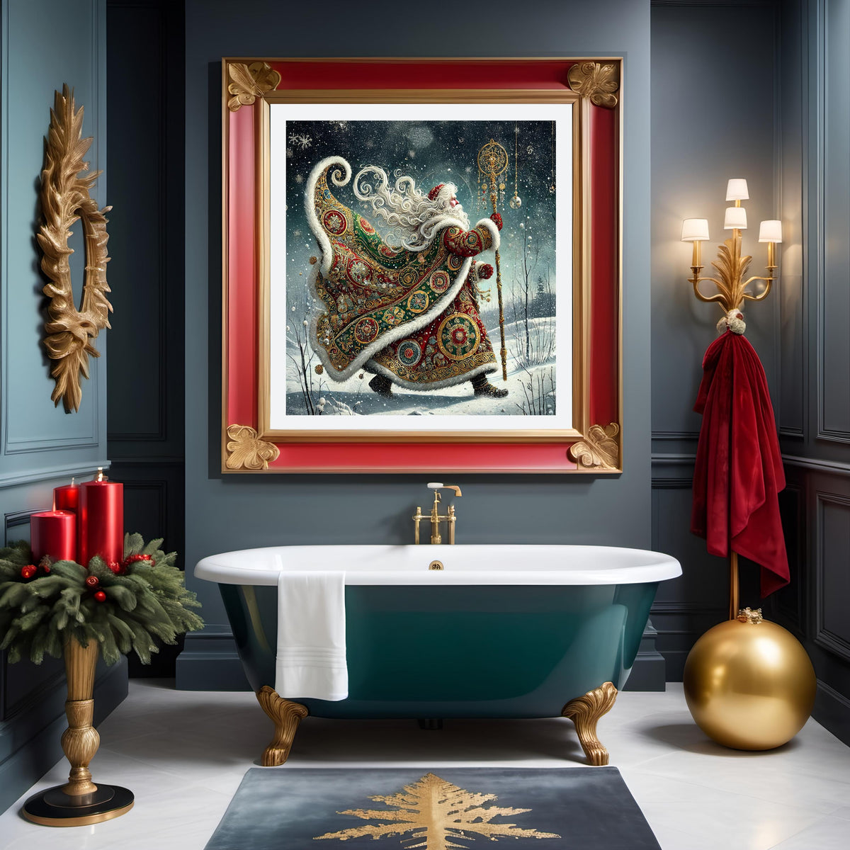 Gilded Green Santa Art Print: Klimt-Inspired Vintage Christmas Wall Decor (Digital Download)