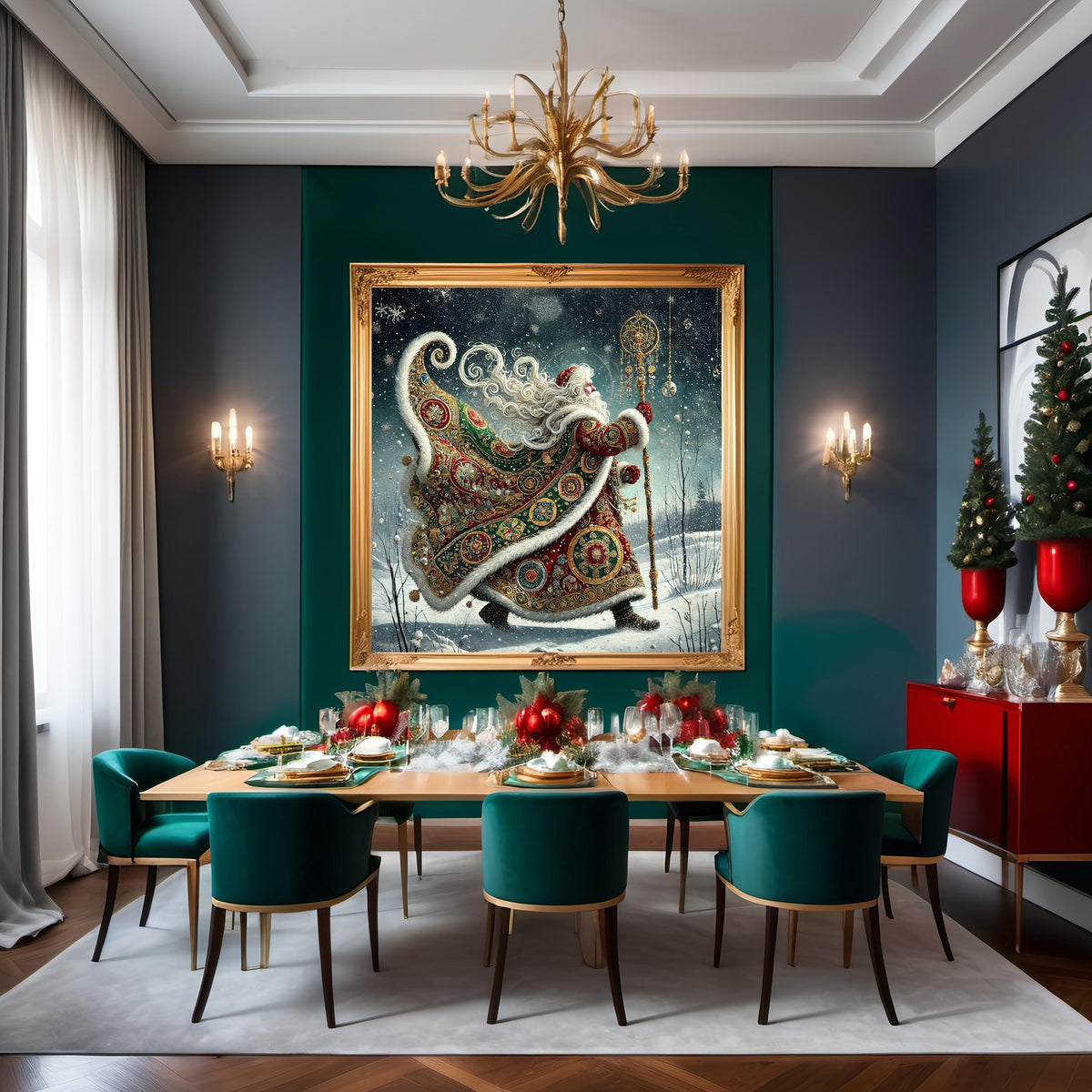 Gilded Green Santa Art Print: Klimt-Inspired Vintage Christmas Wall Decor (Digital Download)