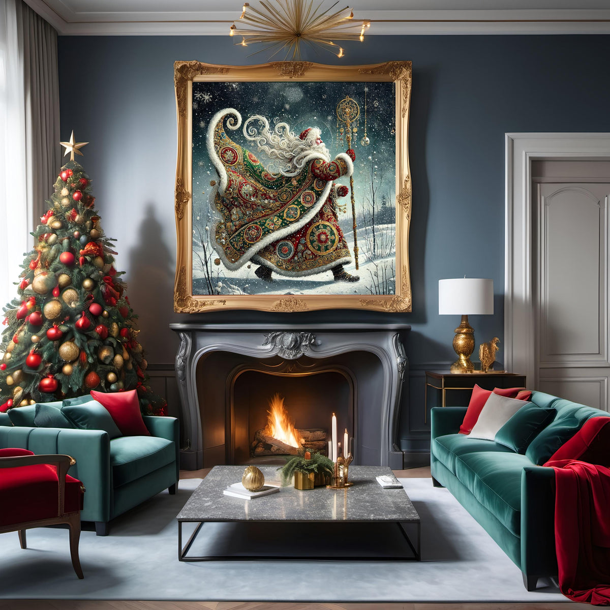 Gilded Green Santa Art Print: Klimt-Inspired Vintage Christmas Wall Decor (Digital Download)