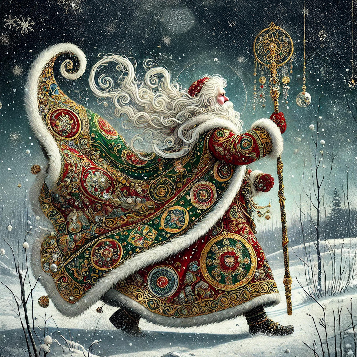 Gilded Green Santa Art Print: Klimt-Inspired Vintage Christmas Wall Decor (Digital Download)