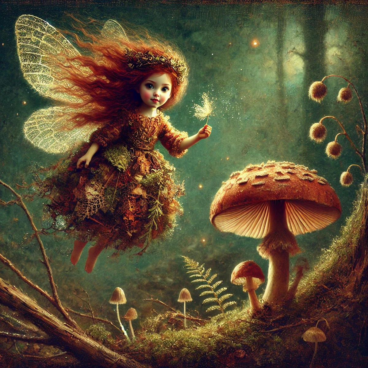 Woodland Fairy Print: Enchanted Forest, Mushrooms, Firefly (Digital Download)