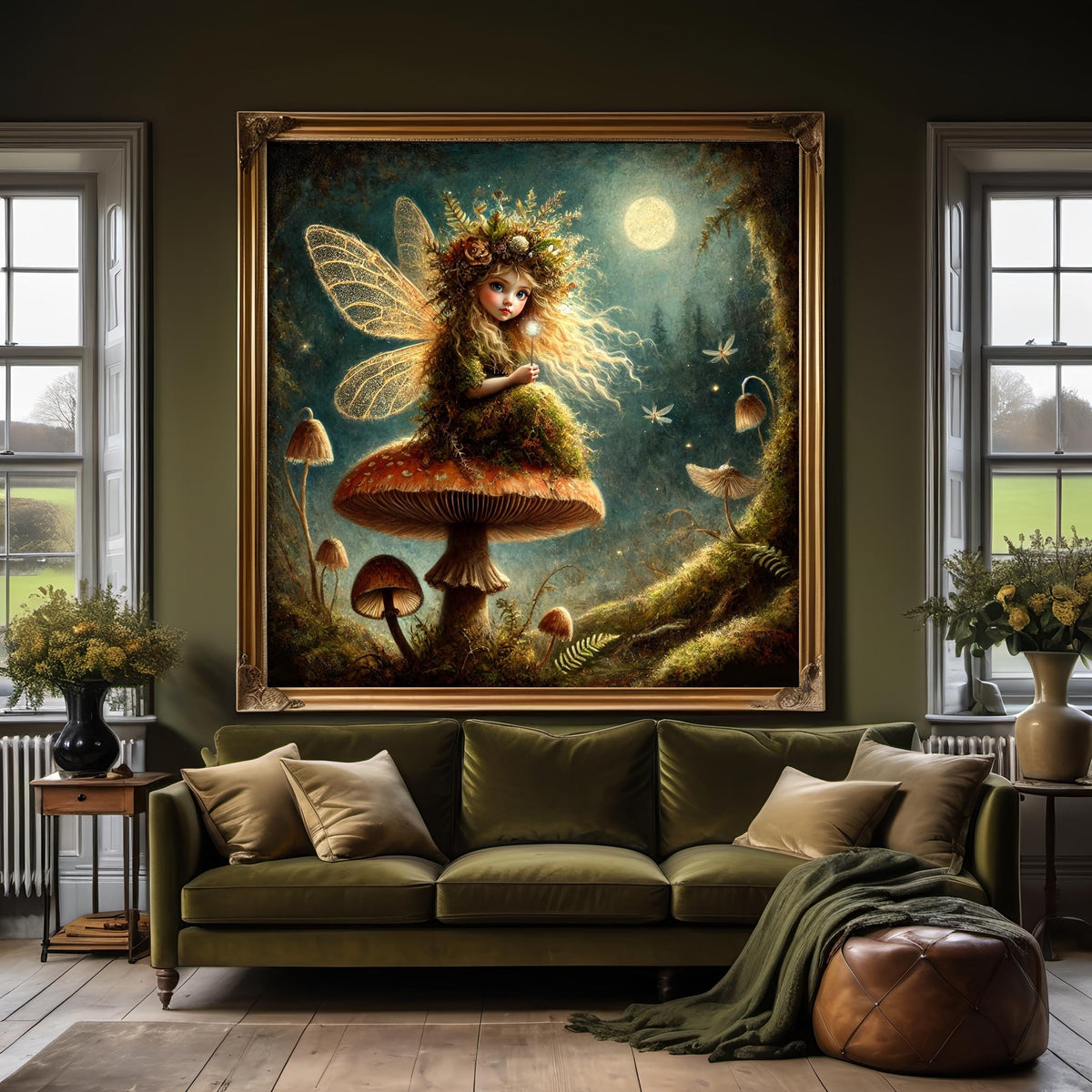 Moonlight Mushroom Fairy Print: Enchanted Woodland Sprite in Golden Glow (Digital Download)