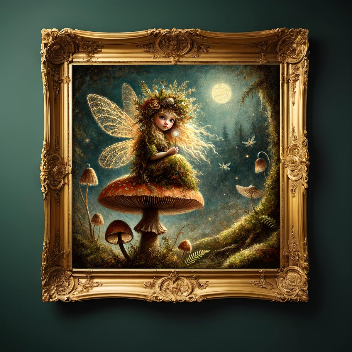 Moonlight Mushroom Fairy Print: Enchanted Woodland Sprite in Golden Glow (Digital Download)