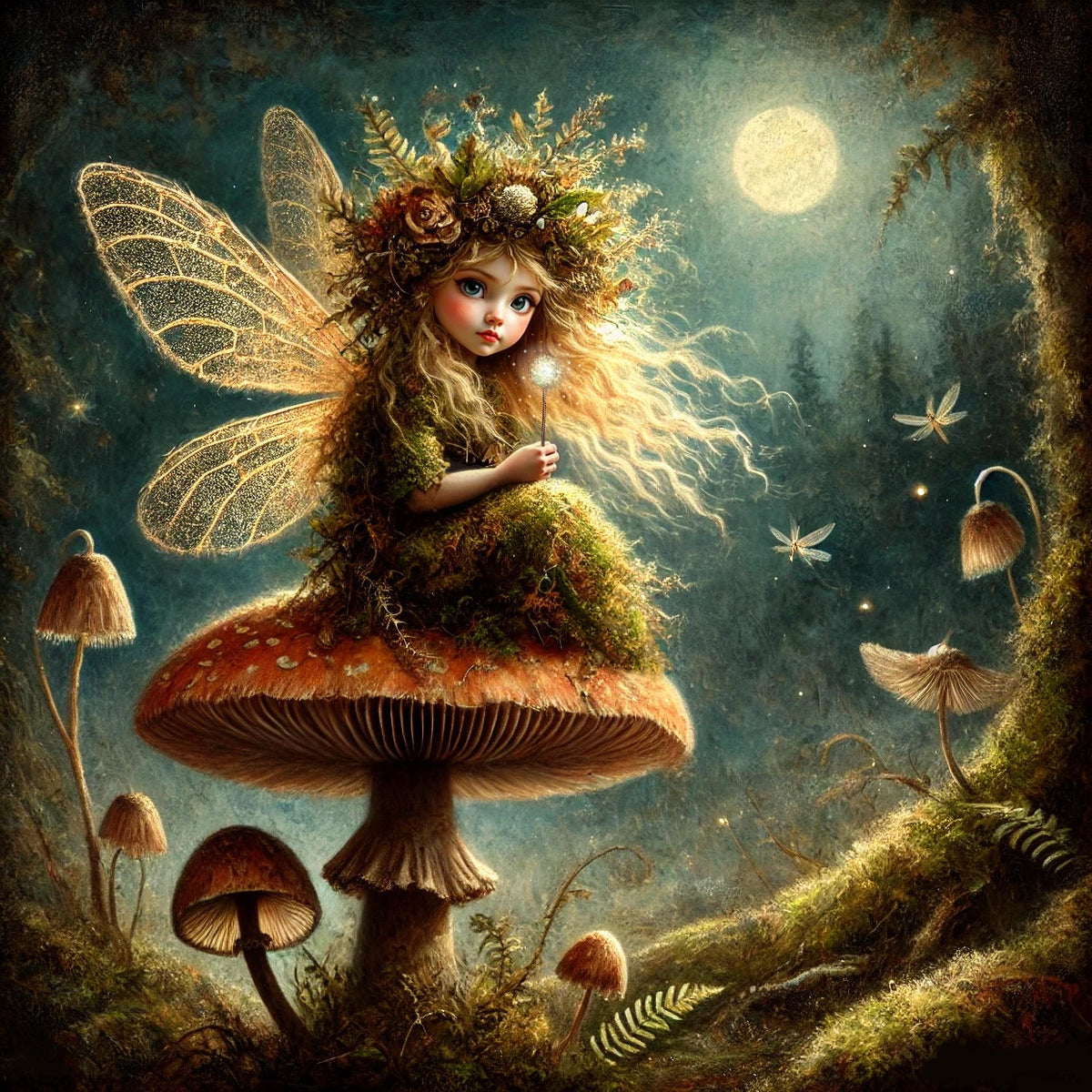 Moonlight Mushroom Fairy Print: Enchanted Woodland Sprite in Golden Glow (Digital Download)