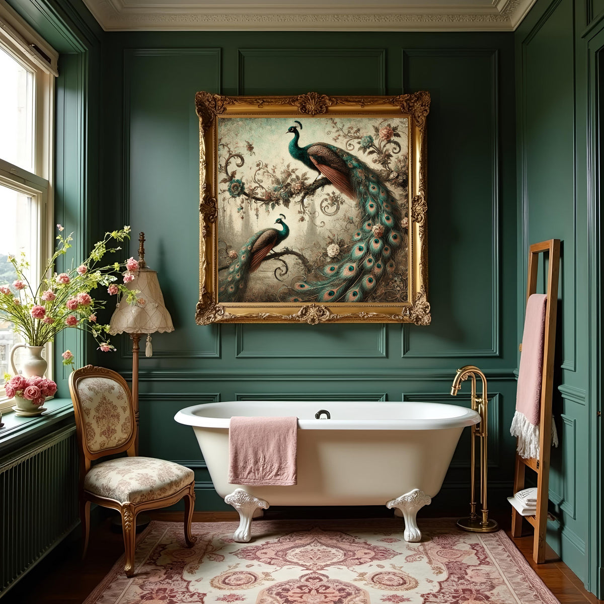 Romantic Peacock Pair: Vintage Floral Bird Art (Digital Download)