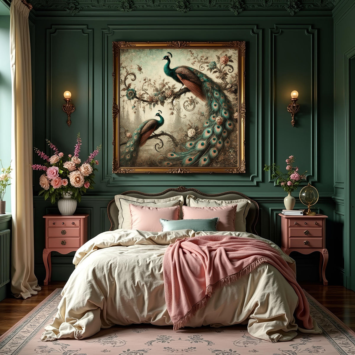 Romantic Peacock Pair: Vintage Floral Bird Art (Digital Download)