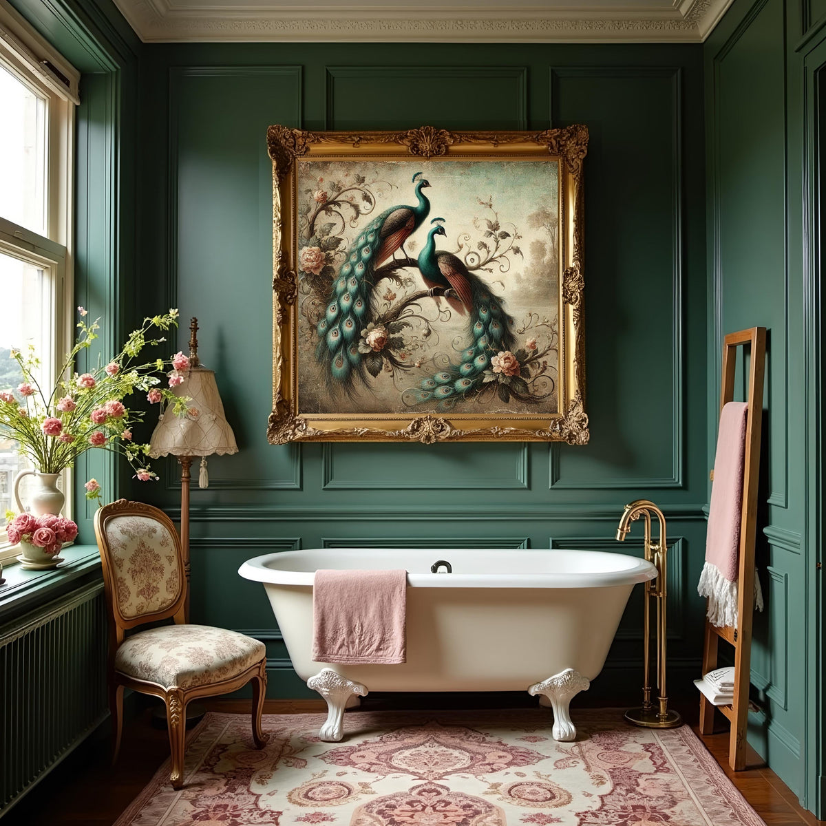 Vintage Peacock Floral Art: Elegant Bird Painting, Cottagecore Decor (Digital Download)