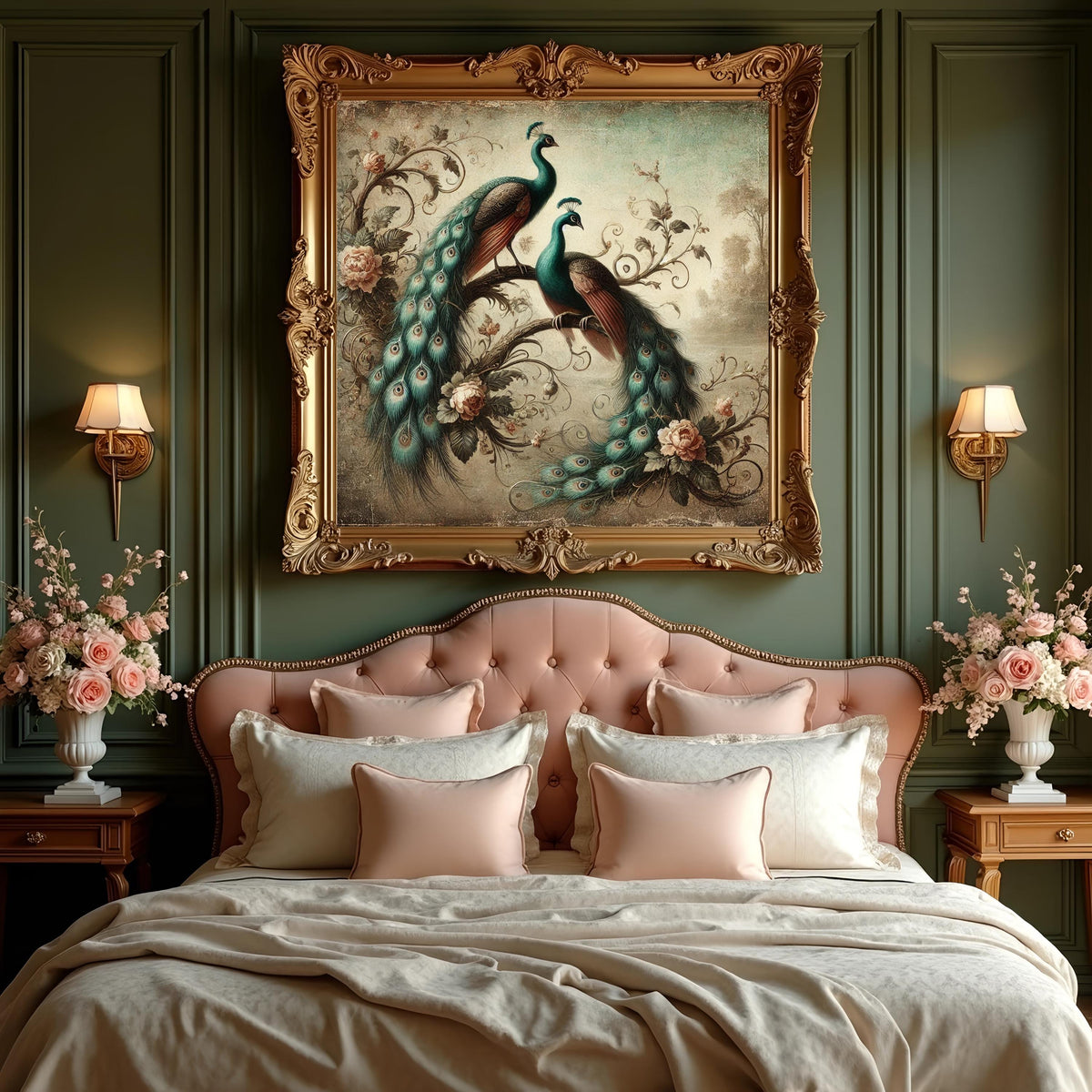Vintage Peacock Floral Art: Elegant Bird Painting, Cottagecore Decor (Digital Download)