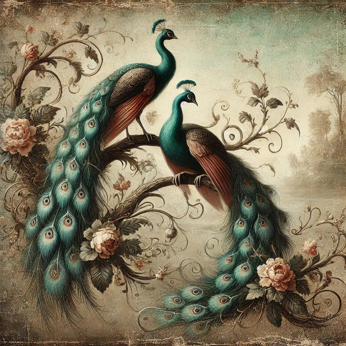 Vintage Peacock Floral Art: Elegant Bird Painting, Cottagecore Decor (Digital Download)