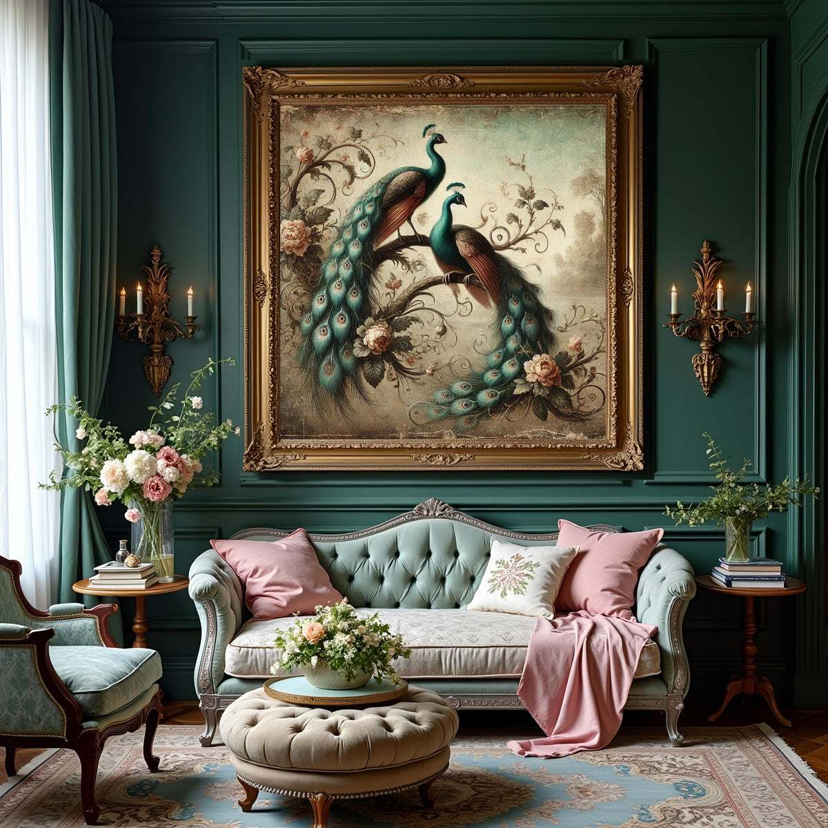 Vintage Peacock Floral Art: Elegant Bird Painting, Cottagecore Decor (Digital Download)