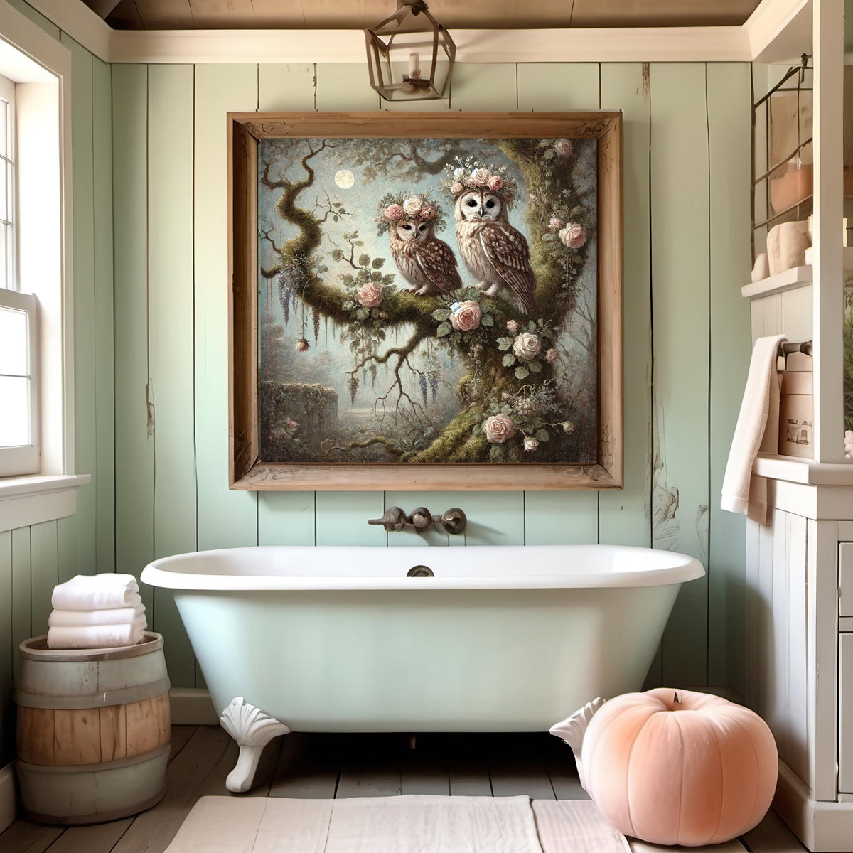 Moonlit Owls Painting: Vintage Floral Bird Art, Cottagecore Decor (Digital Download)