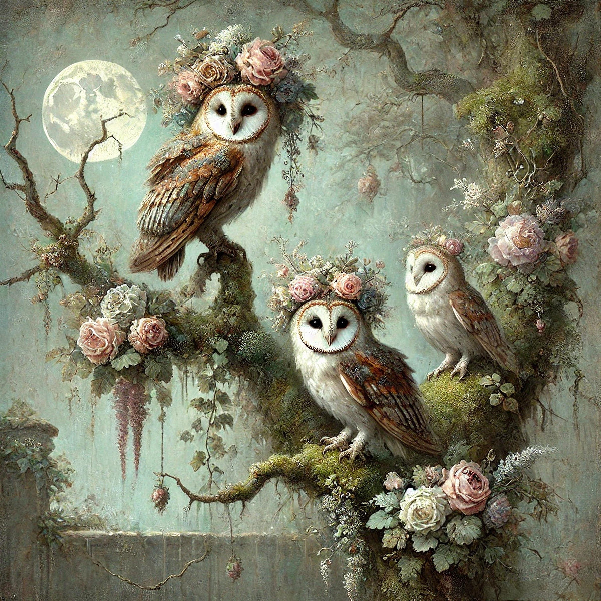 Moonlit Floral Owl Print: Vintage Woodland Art (Digital Download)