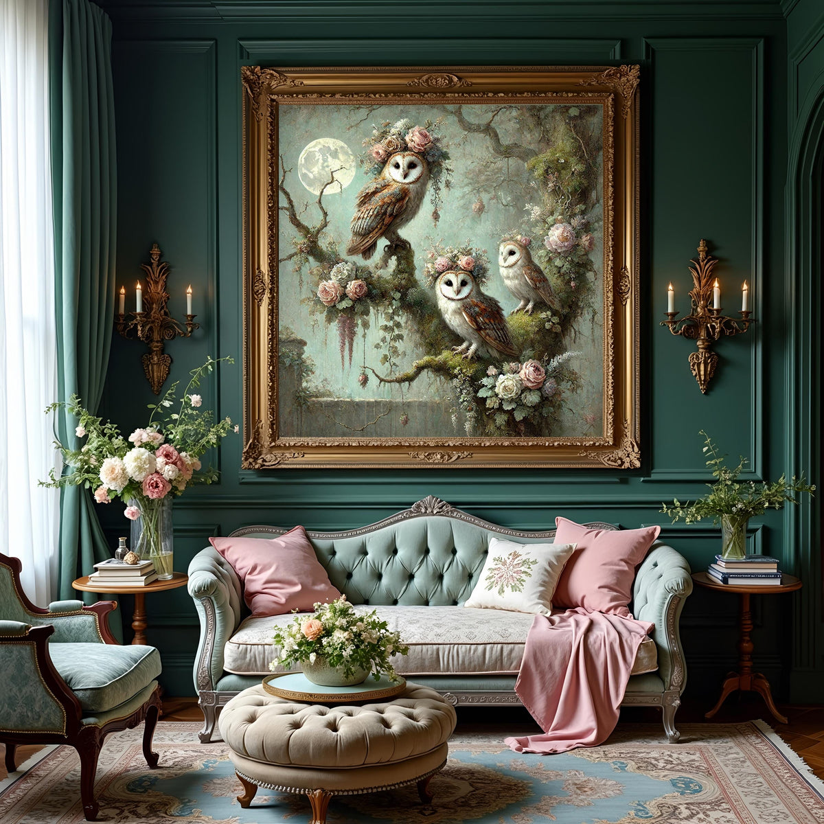 Moonlit Floral Owl Print: Vintage Woodland Art (Digital Download)